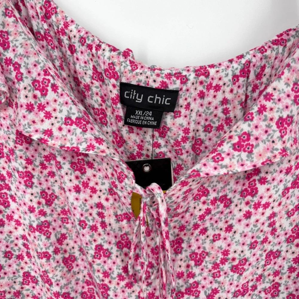 NWT City Chic Pink Foolish Ditsy Floral Ruffle Strap Tie Front Dress sz 24W - Picture 3 of 12